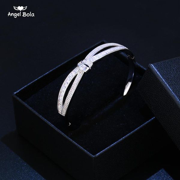 

cuff fashion crystal bowknot bracelet for woman zircon paved round silver gold color female punk bracelets bangles, White
