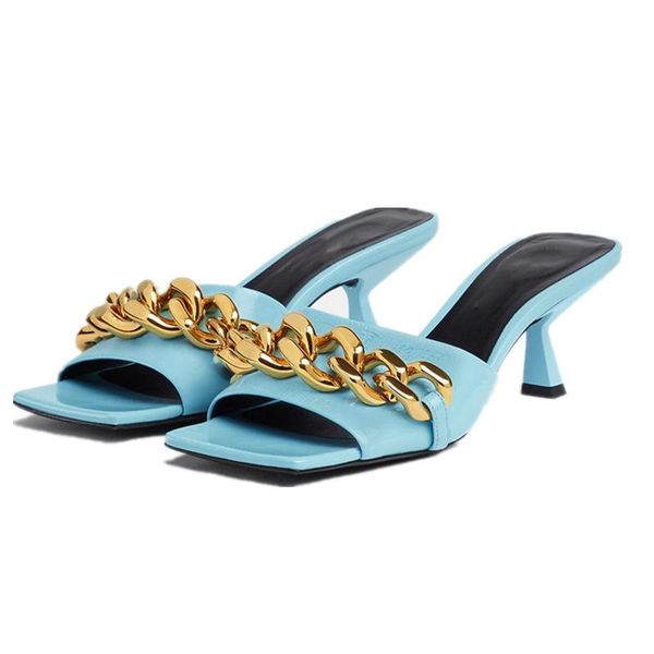

slippers light blue leather women square toe casual high heels summer shoes gold chains decor lady slides pink fashion sandalias, Black
