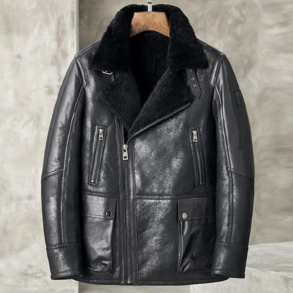 

men's leather & faux men bomber jacket b3 shearling genuine coat black