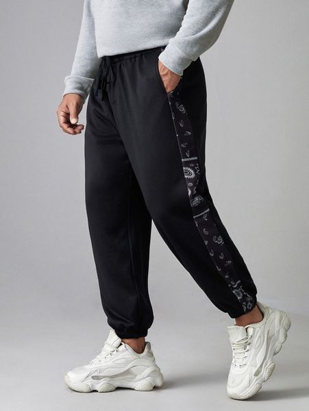 

extended sizes men paisley print striped side joggers s0f2#, Black