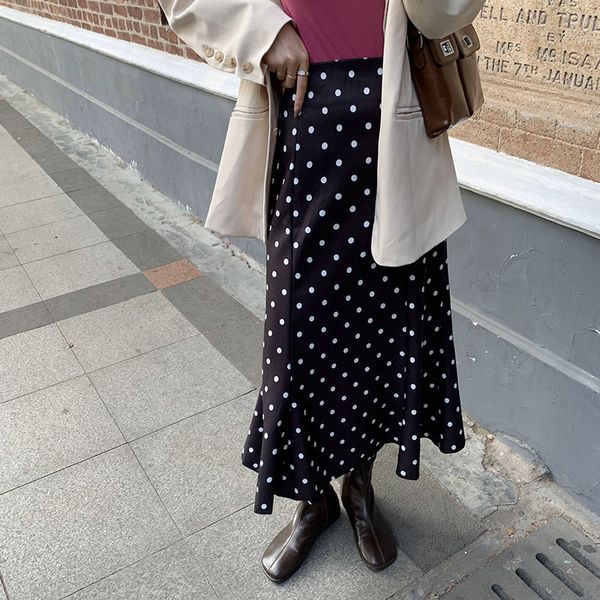 

new polka dots vintage mermaid high waist retro skirt female 2021 streetwear a-line trumpets ol elegant long skirts womens xqjd, Black