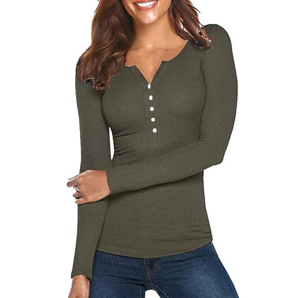 

women's t-shirt pullover bottoming thin women t shirt ribbed slim fit button down casual long sleeve deep v neck solid cotton blend top, White