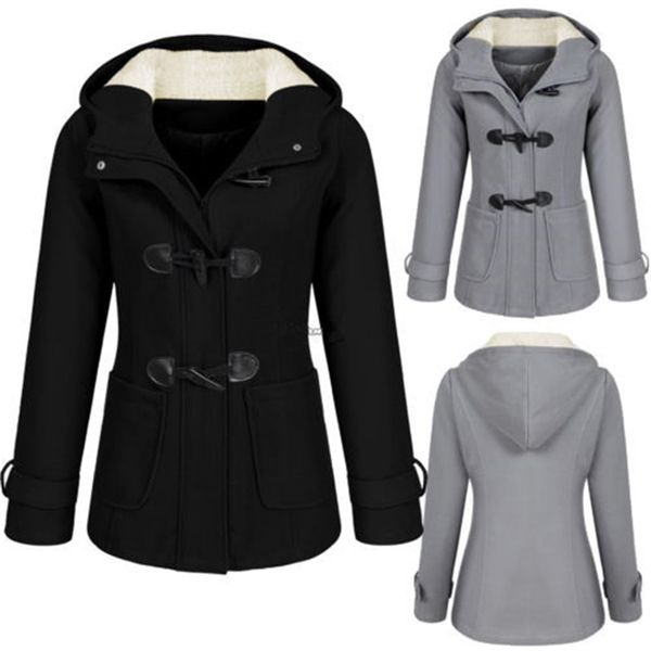 

fashion casual winter warm slim hooded jackets coat outwear horn button overcoat autumn women long 210922, Black;brown