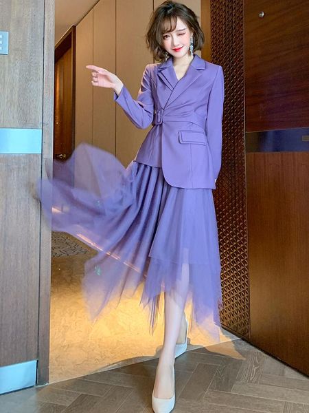 

women's tracksuits commuter temperament waist irregularly placed suit + high mesh skirt female 2021 autumn, Gray