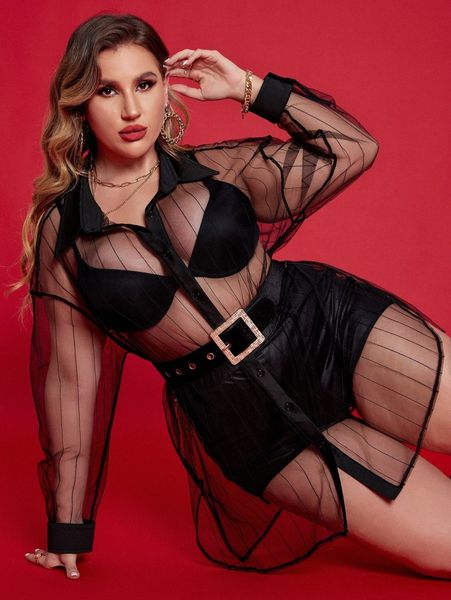 

plus drop shoulder mesh blouse without belted & bra r14m#, Black
