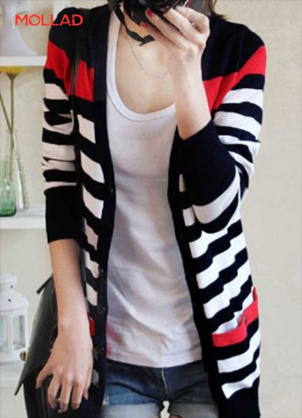 

women's jackets autumn long sleeve slim striped knitted cardigan jacket, Black;brown
