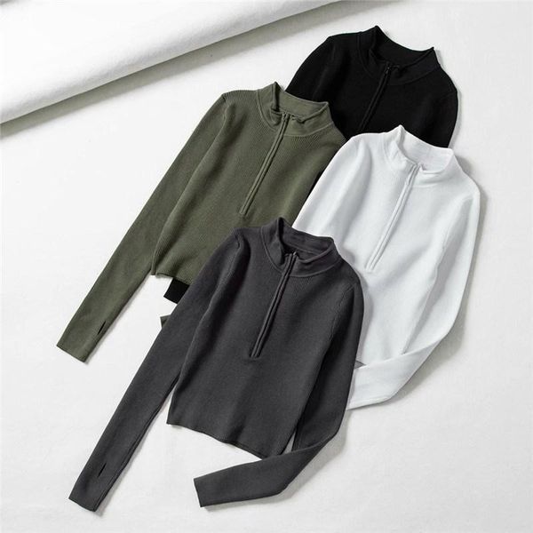 

women's sweaters women elegant pullover high neck zipper front fashion clothing knitted sweater, White;black