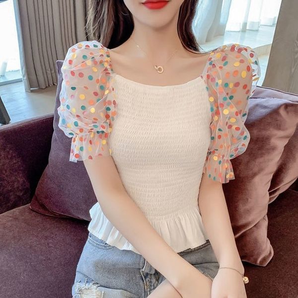 

2021 new korean french lace chiffon office lady sleeve square collar japan style elegant summer blouse women ptz8 5n9r, White