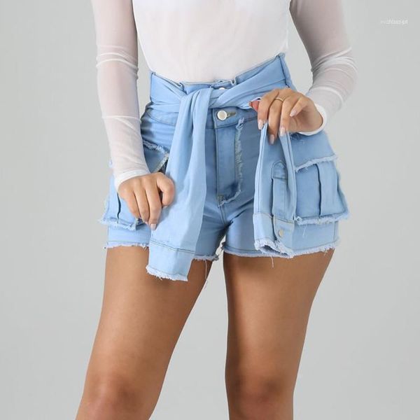 

women's jeans 2021 fashion women button tassel pants high waist denim lacing slim shorts streetwear mujer l421, Blue