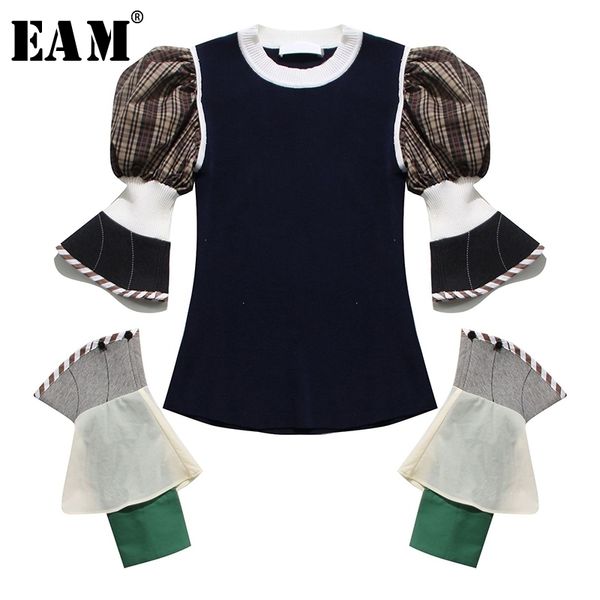 

[eam] women plaid split knitting temperament t-shirt new round neck long puff sleeve fashion tide spring summer 2021 1t923 210306, White
