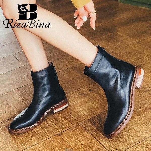 

boots rizabina size 34-42 real leather women ankle flats round toe back zipper shoes warm fashion party footwear, Black