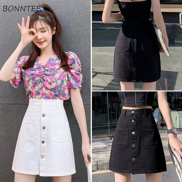 

skirts women high waist a-line denim pockets buttocks korean style students slim leisure all-match classic retro females summer, Black