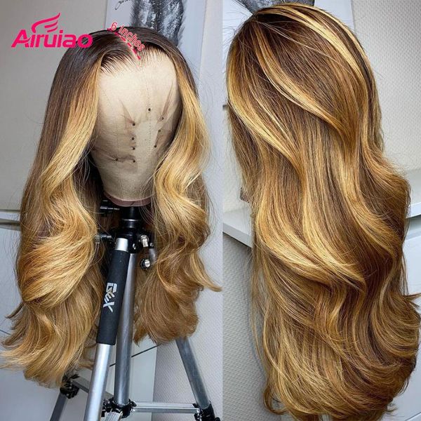 

lace wigs 13x6 wavy hd frontal human hair highlight honey blonde body wave full colored ombre 13x4 front wig woman bleached, Black;brown