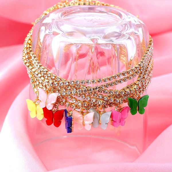 

anklets 2pcs/set butterfly tennis anklet rhinestone jewelry for women acrylic animal pendant charms beach foot chain bracelet, Red;blue