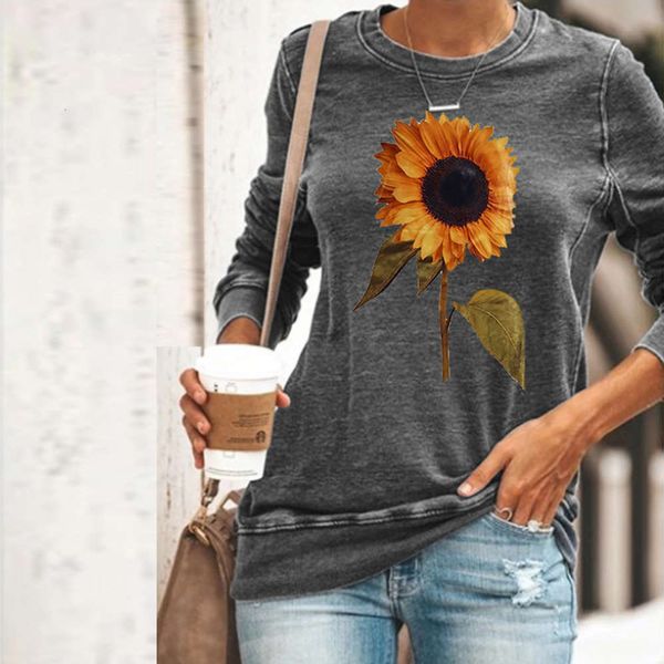

round collar sunflower print llover casual long sve t-shirt for men, Gray
