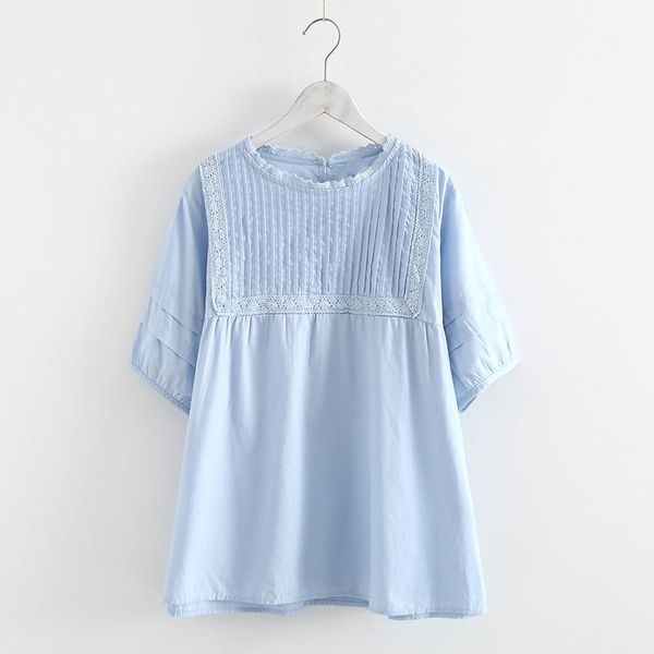 

women's t-shirt lamtrip unique pleated square lace stitch short sleeve cotton 2021 summer mori girl tee, White