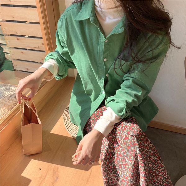 

2021 new spring autumn ol elegant minimalist single-breasted corduroy shirt women blouses loose lapel long sleeve d3re, Black