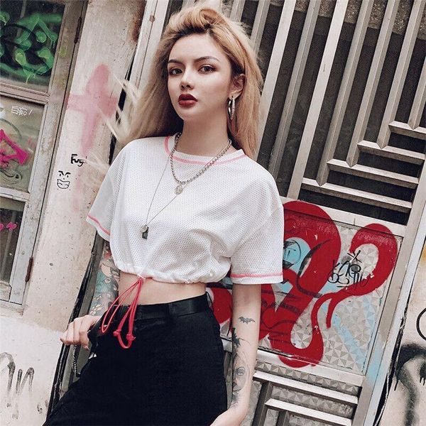 

women's t-shirt t shirt 2021 brand summer women mesh perspective o-neck casual short sleeve cropped top, White
