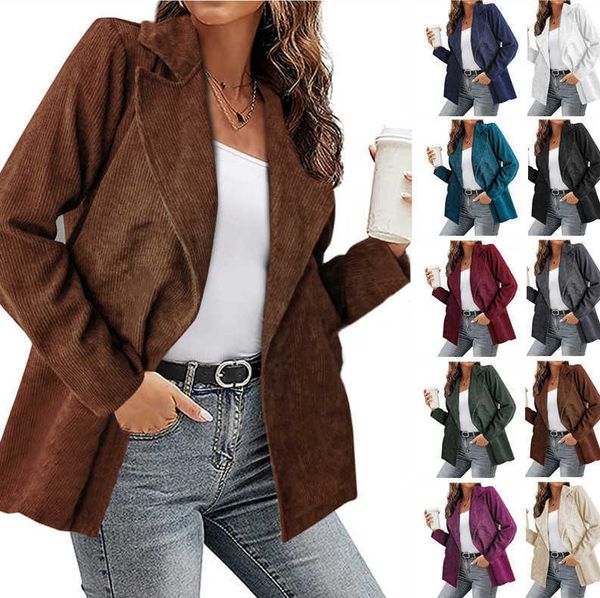 

2021 women's autumn and winter new solid color jacket suit corduroy coat cardigan, Black;brown