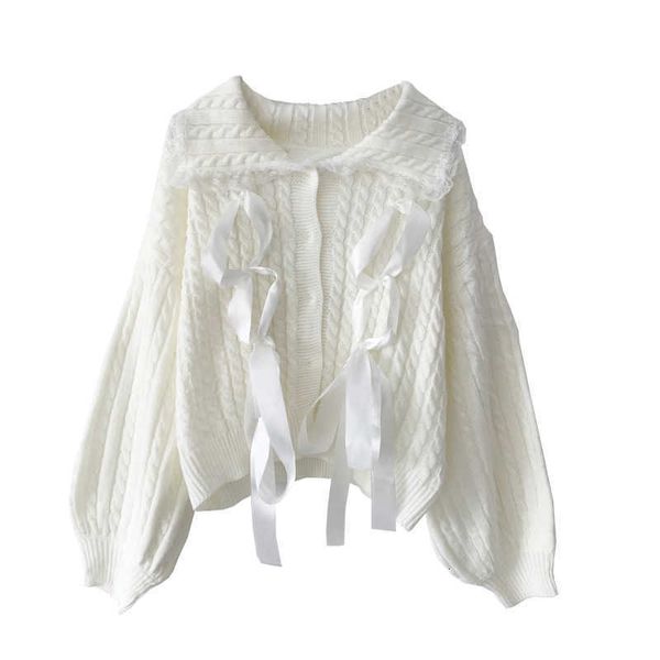 

women's sweaters korean fashion women sweater winter chic lace button-down bandage knitted cardigan female vintage kawaii white ju, White;black