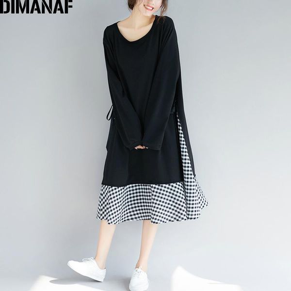 

casual dresses dimanaf women long lady vintage vestidos female plus size cotton linen loose dress patchwork plaid 2021 autumn 100kg fit, Black;gray