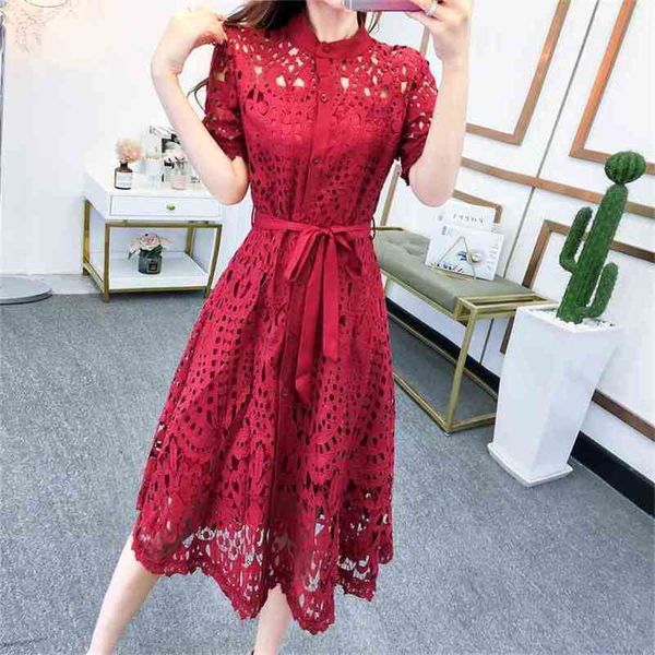 

fashion autumn stand collar lace up short sleeve pleated hollow out single breasted loose dress woman 210603, Black;gray