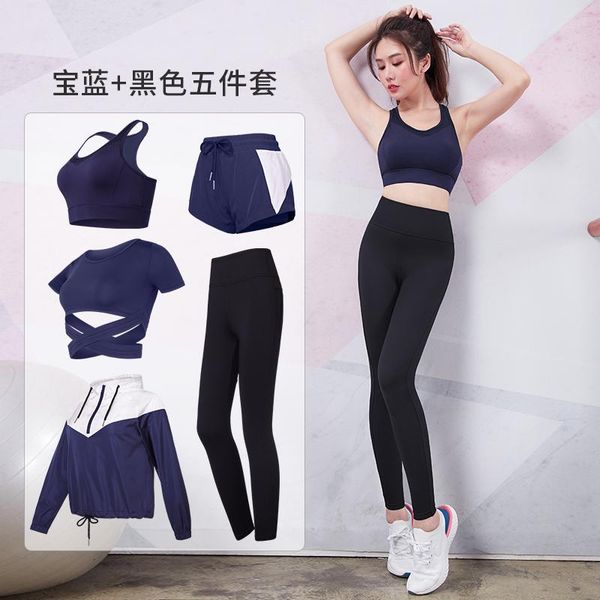 

2021 new 5 pcs/set yoga sets bra+t shirt+coat+shorts+pants workout clothes for women gym clothing running sports suit fitness, White;red