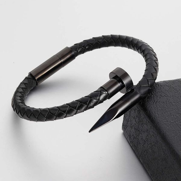 

bracelet titanium steel leather rope stainless steel men's woven handmade leather l19167, Black