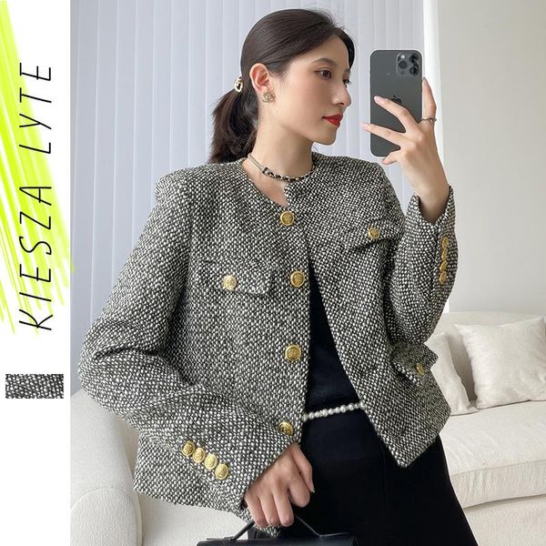 

women's jackets 2022 autumn tweed french women plaid long sleeve short style wool coat ladies outwear vintage, Black;brown