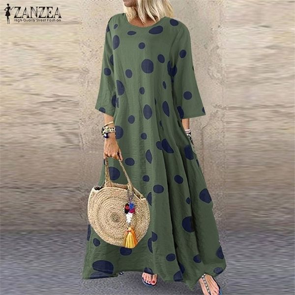 

zanzea autumn 3/4 sleeve polka dot printed long dress vintage womens cotton linen dresses female kaftan vestido femme sundress, Black;gray