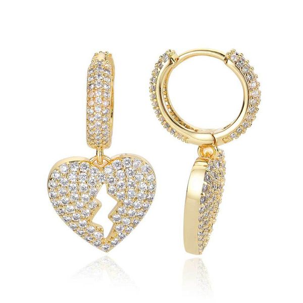

hip hop iced out zircon heart pendant stud earrings gold silver plated mens bling jewelry earring, Golden;silver