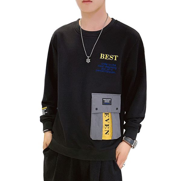 

men fashion hoodies yellow long sleeve o neck autumn and winter sweatshhirt loose streetwear hoodie embroidery clothes, Black