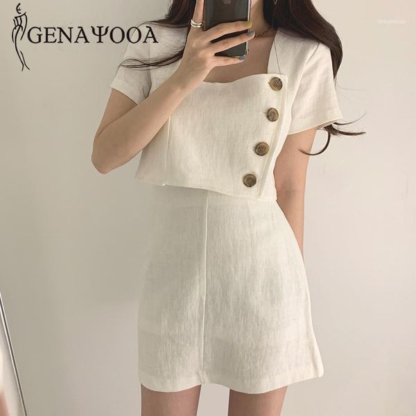 

genayooa solid two piece set women crop and short skirt office ladies cotton linen summer korean1, Gray
