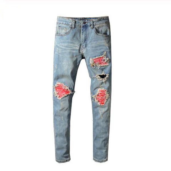 

new red male patched thin bike shreds holes strain jeans 552 xp1h, Blue