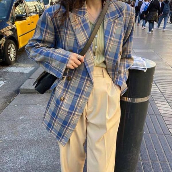 

women's suits & blazers vintage plaid casual double breasted blazer long sleeve turn down collar female suit autumn stylish ladie, White;black