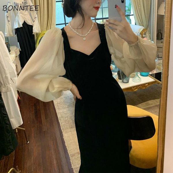 

long sleeve dresses women vintage high waist abdomen square collar puff sleeve french temperament patchwork casual fashion ins, Black;gray