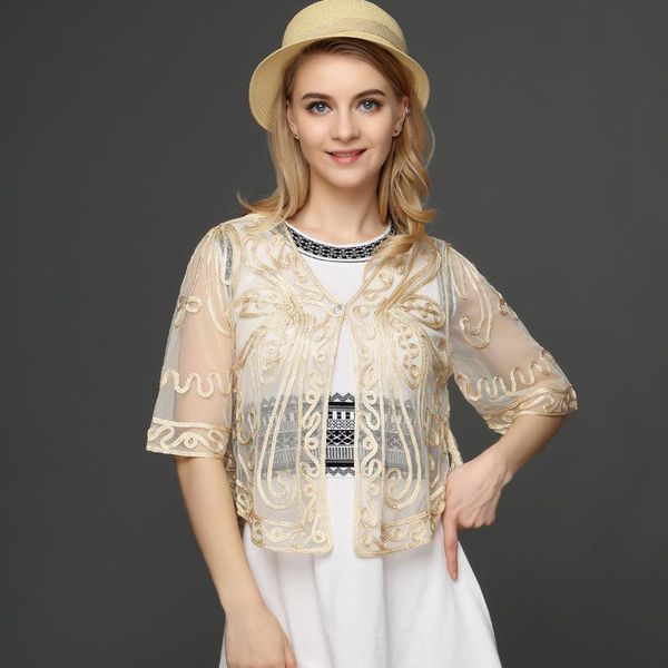 

women's sweaters large size women cardigan bolero coat half flare sleeve butterfly pattern embroidery ribbon lace mesh shrug crochet bl, White;black