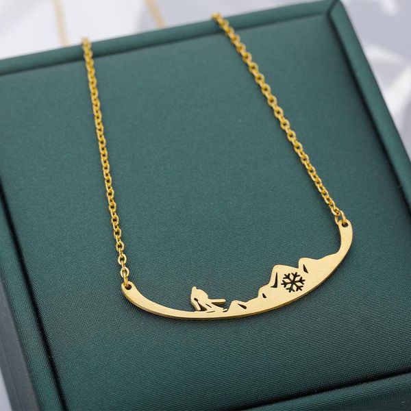 

pendant necklaces snow mountain range necklace for women trendy snowboarder stainless steel snowflake skiing sports jewelry gifts, Silver