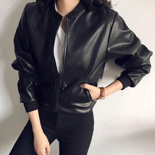 

women's winter pu baseball uniform loose ladies leather long-sleeved motorcycle jacket solid color streetwear, Black;brown