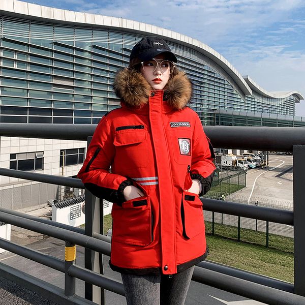 

2021 fashion faux rur collar winter jacket women letter epaulet warm thick short hooded parka coat new e4oq, Black