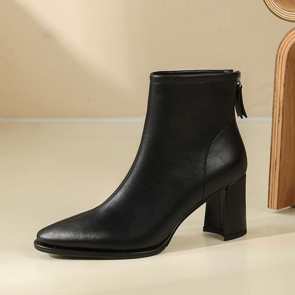 

boots office ladies women ankle fashion concise square toe thick high heels zip autumn winter genuine leather shoes woman, Black