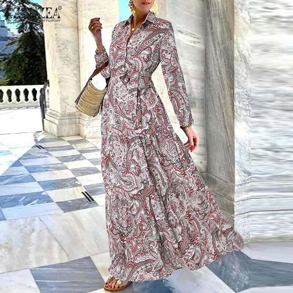 

casual dresses women lapel neck long shirt dress bohemian floral printed sleeve maxi sundress 2022 autumn holiday loose vestidos, Black;gray