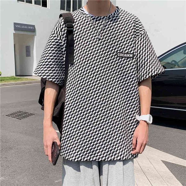 

t shirt short sleeve summer men's fashion brand ins loose half trend oversize waffle top, White;black