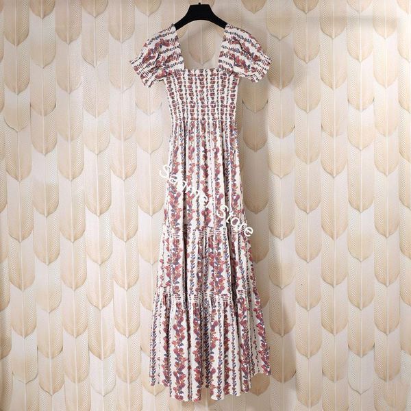 

2021 new plissado meados de bezerro vestido gola quadrada floral prairie chique manga curta cintura elstica feminino vestidos longos 80ig, Black;gray
