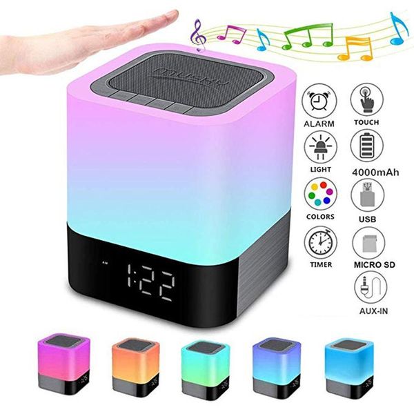Luxury Wall Clock Night decor home Lights Alarm Clock Speaker Smart Touch Control Dimmable RGB LED Table Lamp For Bedroom HIFI Sound Multi-Color Changing Exempt