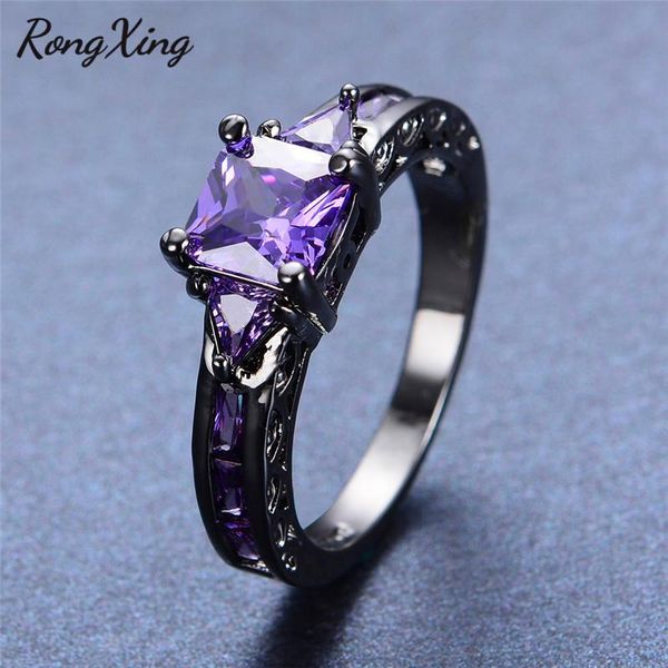 

wedding rings rongxing charming purple crystal zircon square for women vintage black gold filled engagement ring birthstone jewelry gift, Slivery;golden