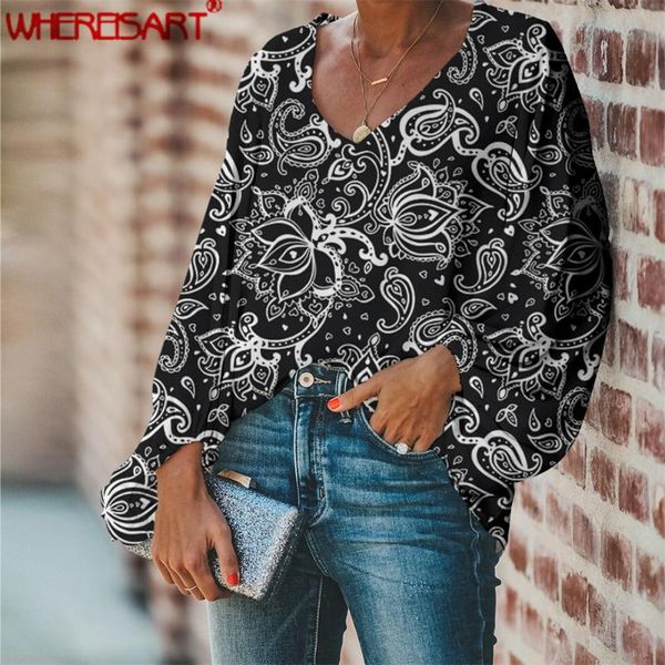 

whereisart paisley printed art design bohemian shirt vintage women long sleeve v-neck loose blouse femme boho style blusas mujer, White
