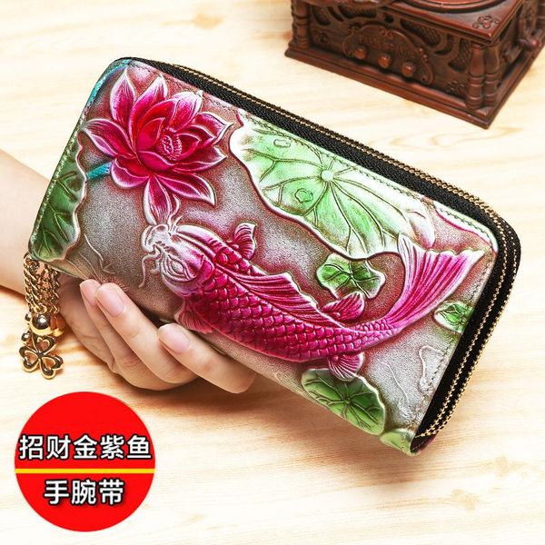 

new zipper wallet rfid ladies printing fish wallet long leather atmosphere first layer cowhide, Red;black