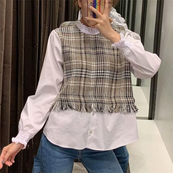 

women's blouses & shirts 2021 womem clothing tweed patchwork blouse ruffled collar long sleeve tassel design preppy style white sweet s