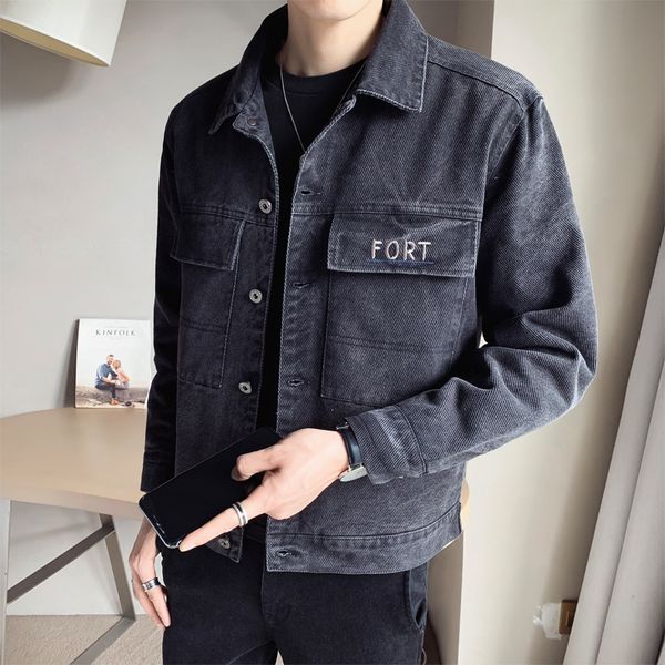 

Moda New Simples Carta Bordado Jeans Jaquetas Roupas Masculinas Es Bolsos Decorao Magro Ajuste Denim Casacos Turn Down Coll LBDE, Black;brown